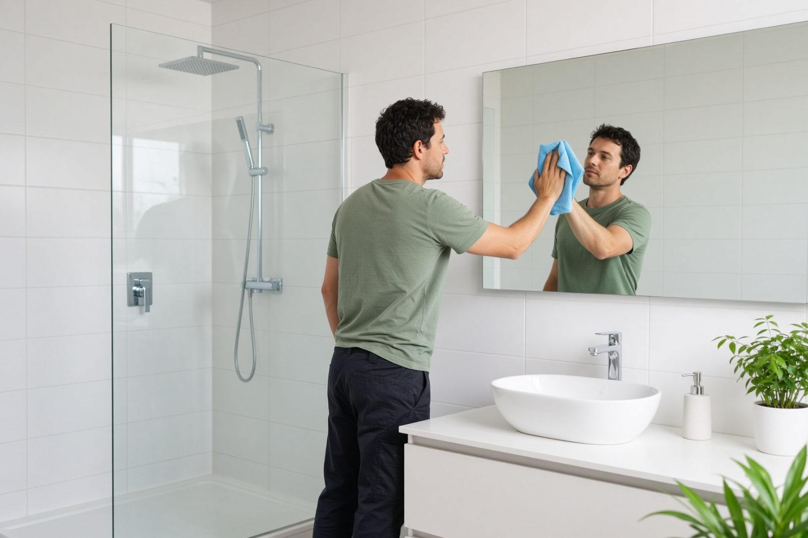 A modern bathroom being cleaned