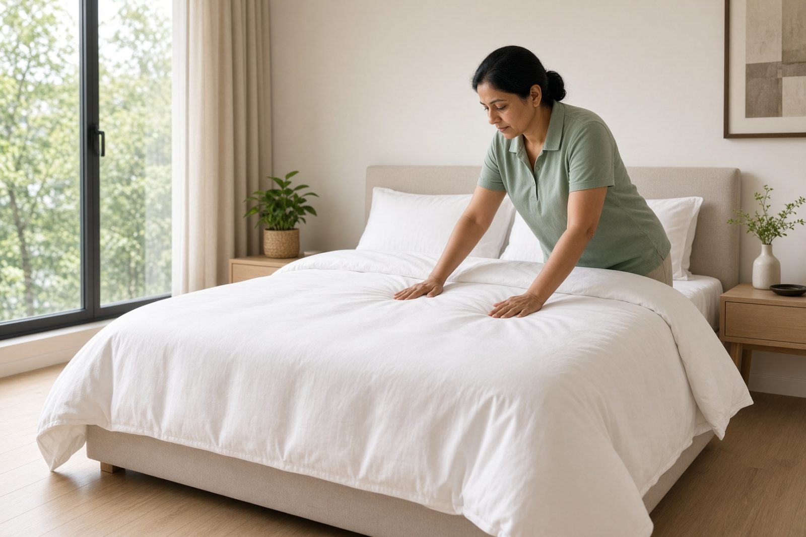 A bright bedroom prepared during a home cleaning visit