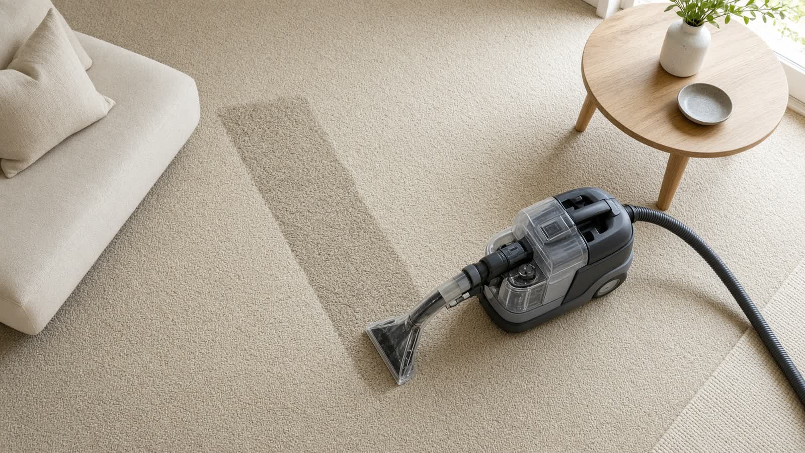 A beige carpet being cleaned in daylight