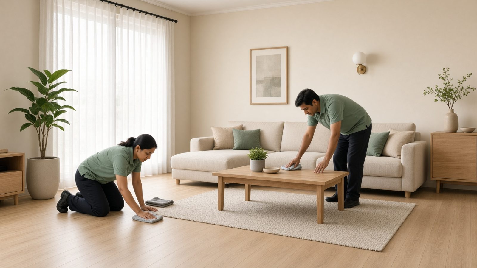 Professionals cleaning a bright apartment living room
