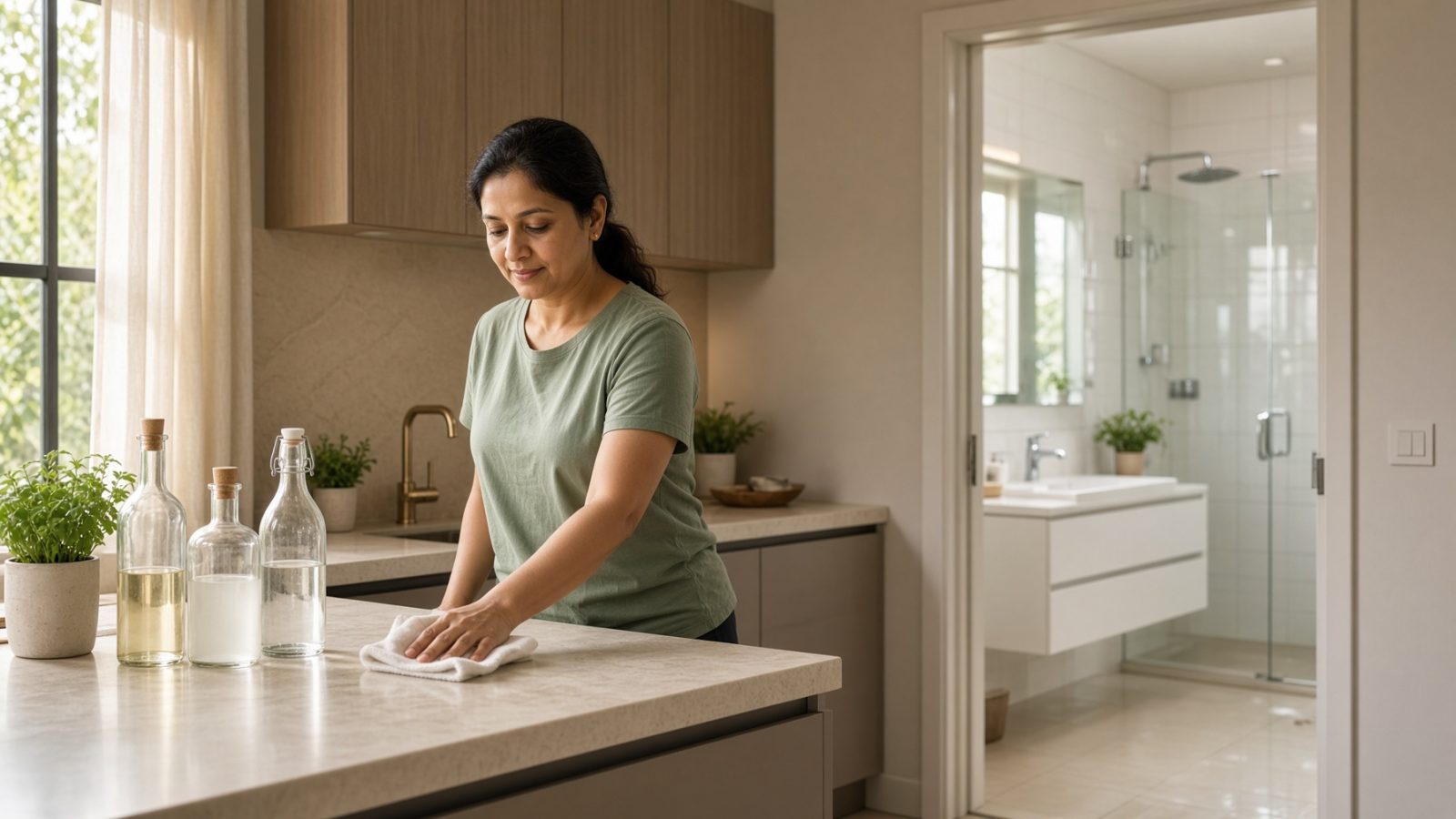 A cleaner wiping a sunlit kitchen counter