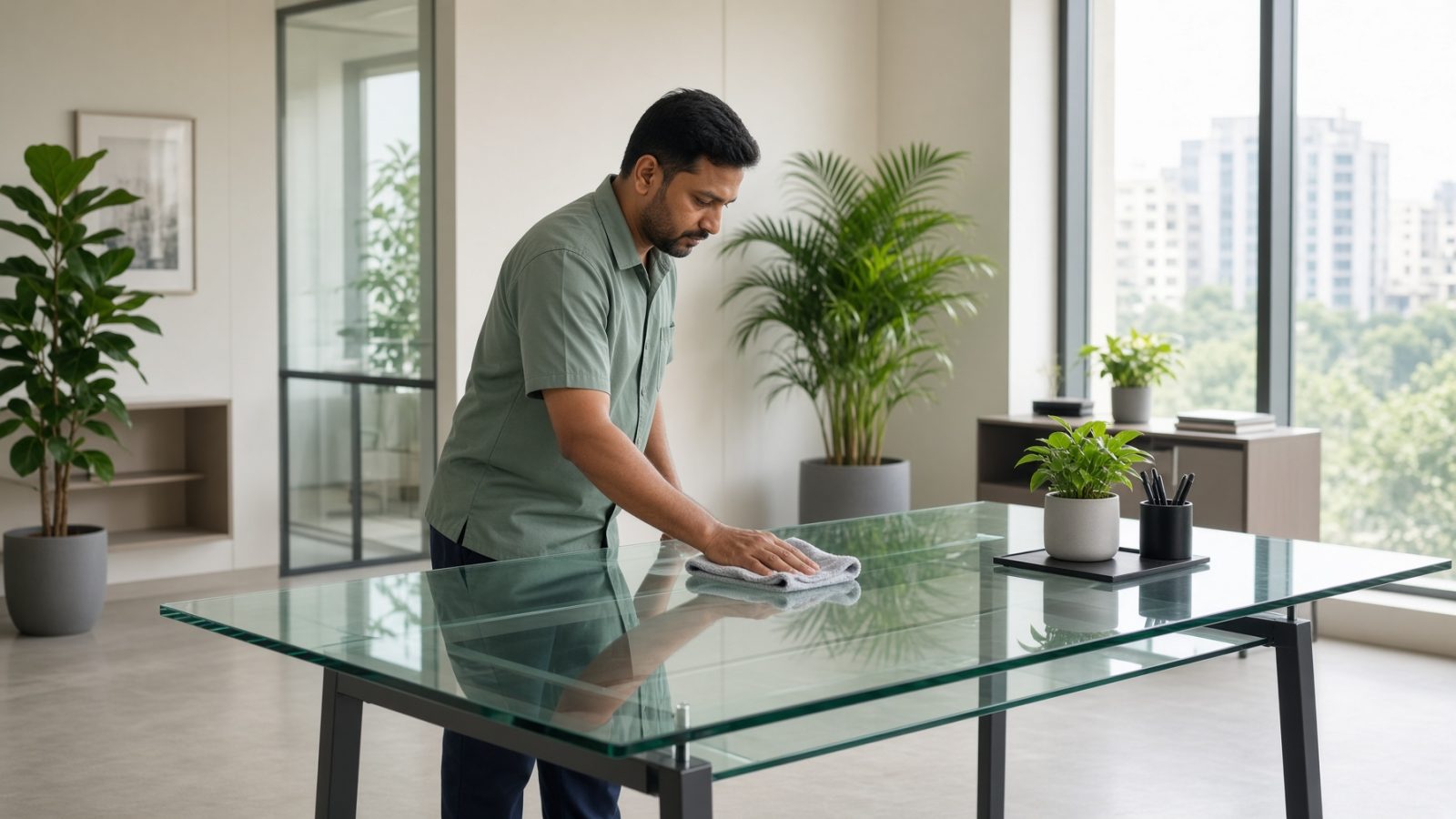 An office desk being cleaned in daylight