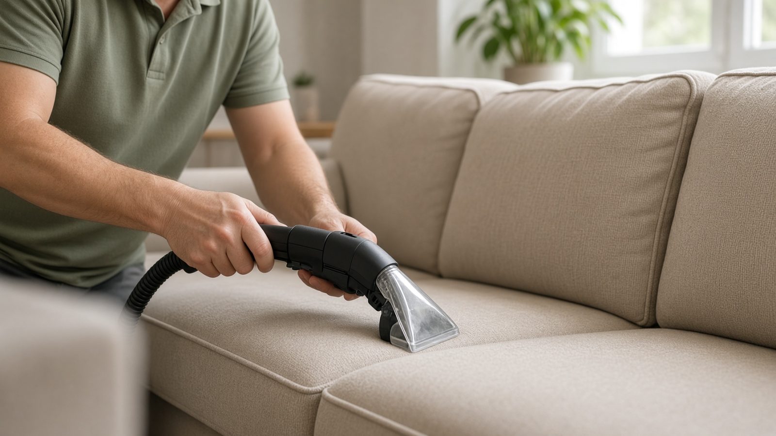 A fabric sofa being cleaned in a living room